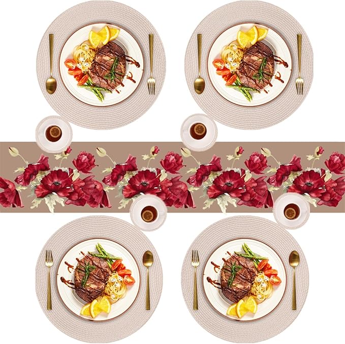 6/12Set Round Braided Placemats Table Mats for Dining Tables Woven Washable Non-Slip Place mats 13inch Halloween Decor(Black,6 Set)