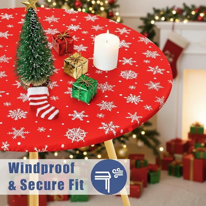 Round Spandex Christmas Tablecloth, Elastic Fitted Waterproof Tablecloths for 45"-56" Tables, Stretch Washable Picnic Table Cover for Christmas Dinner, Dot Snowflake