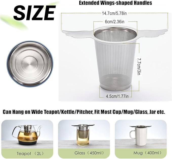 3Pcs Extra Fine Mesh Tea Infuser Steeper Basket with Lid/Drip Tray for Loose Leaf Tea Rooibos, 304 Stainless Steel Tea/Coffee Strainer Filter with Big Capacity＆ Extended Handles, Fit Cup/Teapot/Jar