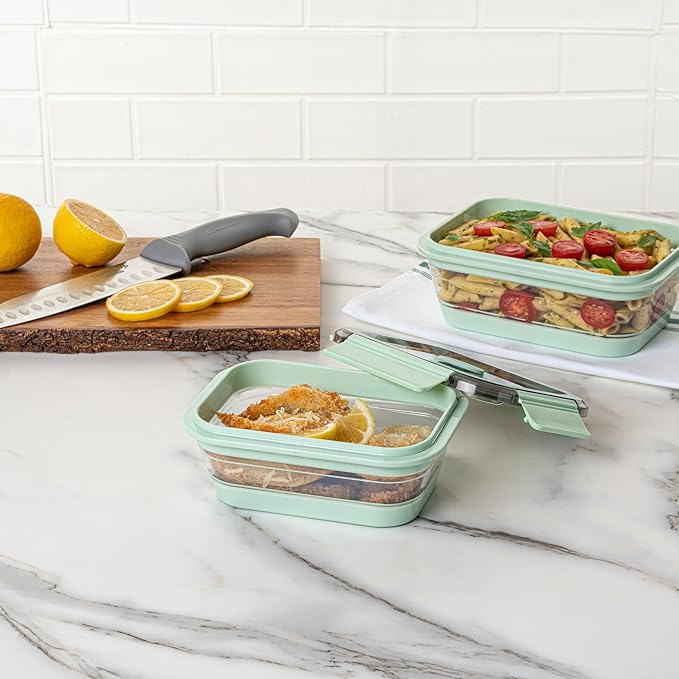 Restaurantware-Fresh Hero 27.2 Ounce Storage Containers, 25 Durable Airtight Food Containers - Microwavable, Freezable, Green Plastic Collapsible Container, Dishwashable, With Vented Lids