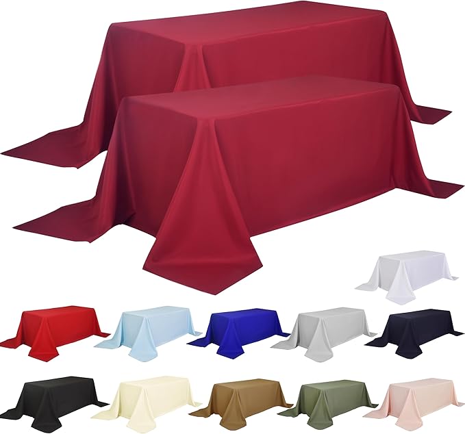 2-Pack 90x132 inch Burgundy Table Cloths, Solid Stain and Wrinkle Resistant Oblong Tablecloth, Premium Plain Weave Polyester Fabric Rectangle Table Linen Covers for Hotel, Wedding