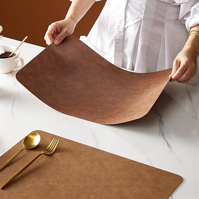 Classic Leather Placemat Sets for Dinging Table Rectangle Circular Table Mat Square Coasters Waterproof Oil-Proof Anti- Pad(A Light Coffee Color)