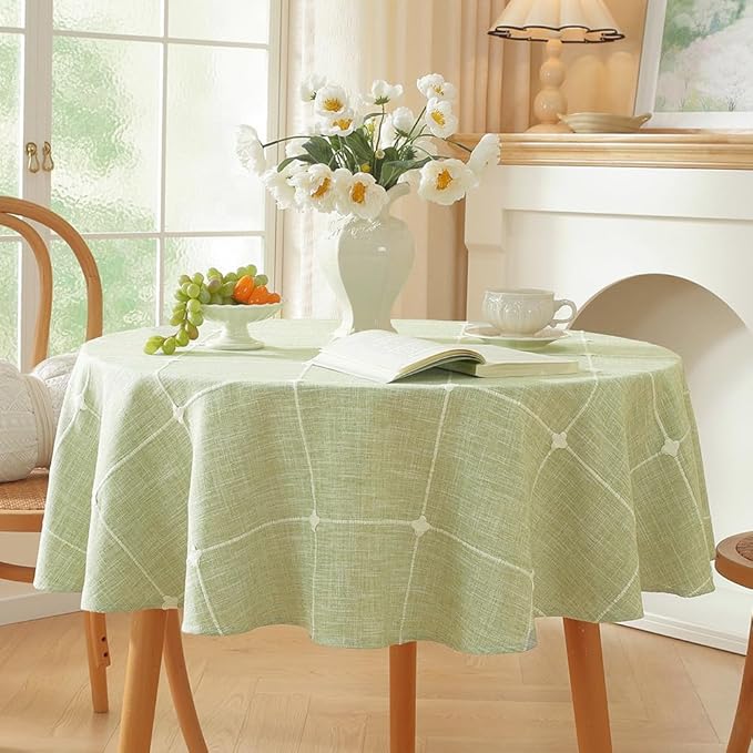 Zobesta Linen Green Table Cloth Christmas Round Tablecloth Plaid 53 inch, Washable Farmhouse Soft Boho Round Table Cloth for Outdoor, Party, Holiday, Picnic, Dining