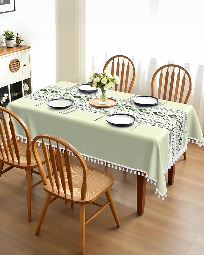Checkered Tablecloth Rectangle 55''x 90'', Heavy Weight Bohemian Linen Gingham Table Cloth with Tassels, Washable Wrinkle Free Plaid Farmhouse Dining Table Cover for Picnic Kitchen Outdoor, Green