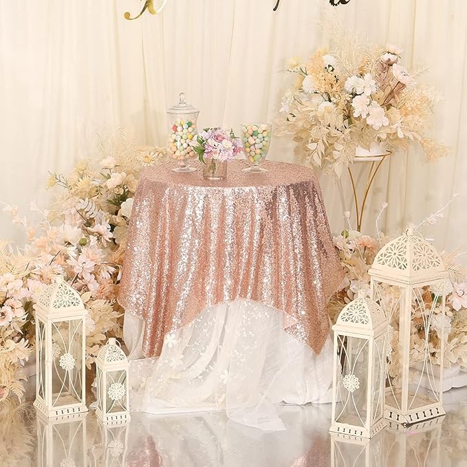 Eternal Beauty Rose Gold Tablecloth, 50x50 Inch Square Rectangle Table Cover for Valentines Cake Dessert Exhibition Party Birthday Events