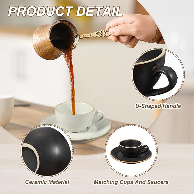 uxcell Handmade Vintage Espresso Cups, 3 oz Coffee Cups and Saucers Ceramic Tea Cup with Handle Dishwasher and Microwave Safe for Latte Cappuccino Milk Office Home Gifts, Morandi Black