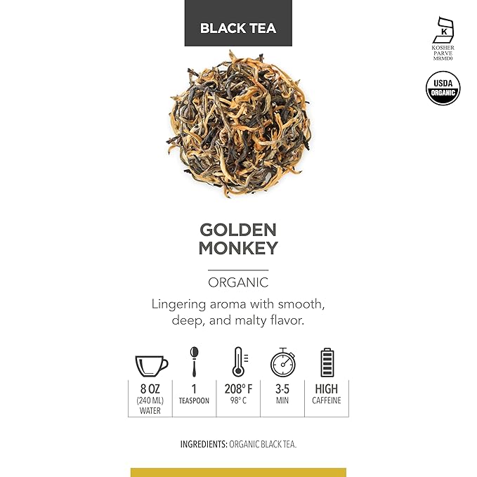 Teabloom Organic Golden Monkey Loose Leaf Tea, USDA Certified Organic Black Tea, Lingering Aroma with Smooth and Malty Flavor, 2.12 Ounce Loose Leaf Tea Canister Makes 35-50 Cups