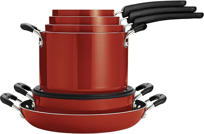 Tramontina Aluminum Non Stick 11-Piece Nesting Pots and Pans Set with Lids - Red, Kitchen Nonstick Cookware Set, Dishwasher and Oven Safe