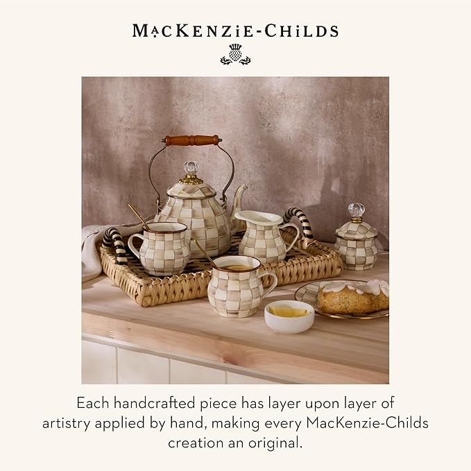 MACKENZIE-CHILDS Enamel Whistling Tea Kettle, Decorative Teapot for Stovetop, Brown-and-White Mocha Check