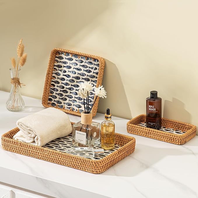 Set of 3 Rectangle Rattan Trays for Decor, Coastal Wicker Serving Tray, Hand-Woven from Natural Rattan with Mother of Pearl Inlay, Boho Woven Decorative Trays for Bathroom Kitchen Counter, Entryway