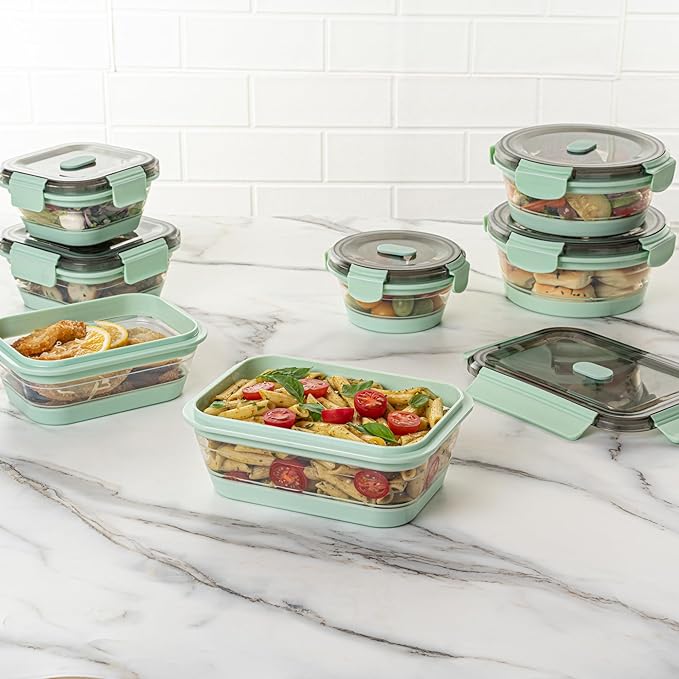Restaurantware-Fresh Hero 40 Ounce Storage Containers, 20 Durable Airtight Food Containers - Microwavable, Freezable, Green Plastic Collapsible Container, Dishwashable, With Vented Lids