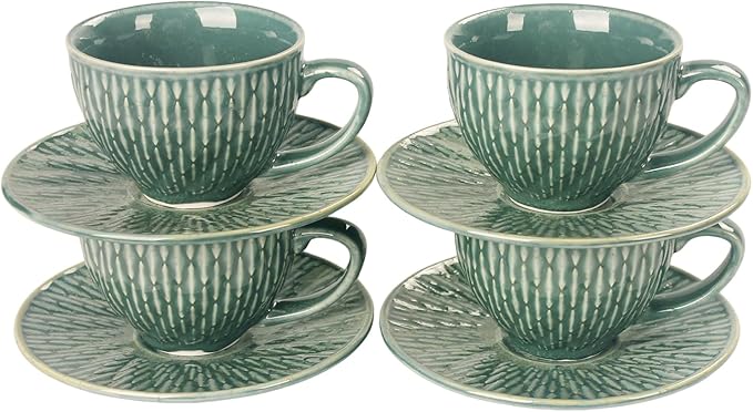 Coffee Mugs Set, 6.8 oz,Ceramic Tea Cup with saucer, Espresso Cups 8-piece, Stackable Cups, for Latte,Hot Tea,Cappuccino, Mocha, Cocoa, dishwasher & microwave safe, Dark green