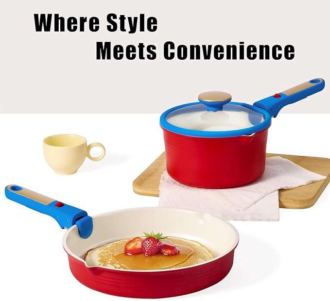 CAROTE 17Pcs Titanium Cookware Set, Pots and Pans Set Non Stick, Kitchen Cooking Set with Detachable Handle, Non Toxic Induction Cookware, Dishwasher/Oven Safe，Memphis Design