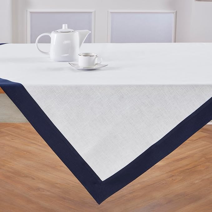 Solino Home Linen Square Tablecloth 52 x 52 Inch - 100% Pure Linen Navy and White Table Throw - Contempo, Machine Washable Table Cloth for Winter, Spring, Easter