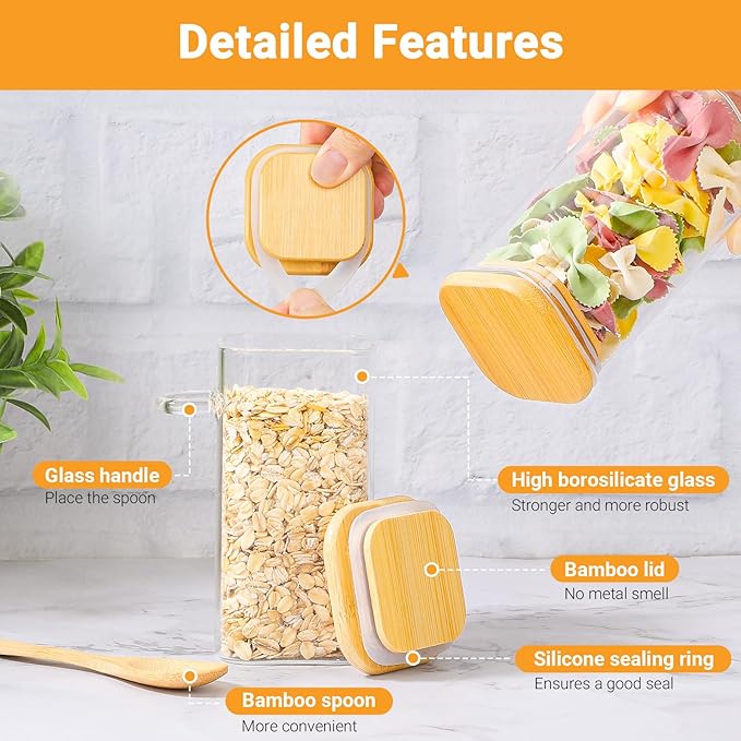 Glass Jars with Bamboo Lids and Spoons - 2 Pack 11 Fl.oz Square Glass Spice Jars with Airtight Lid, Clear Pantry Storage Container Food Canister for Seasoing, Loose Leaf Tea, Coffee, Sugar, Oats