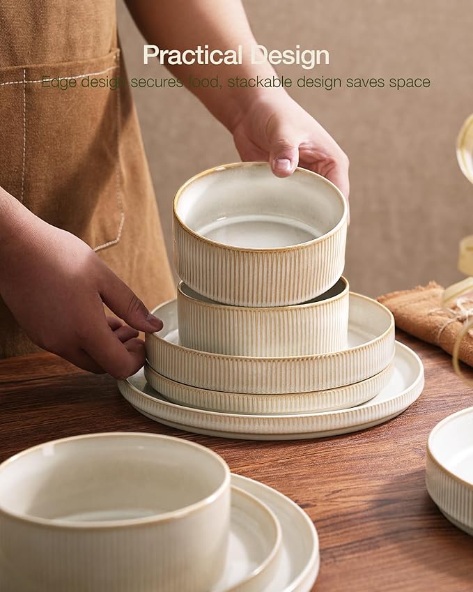 famiware Star Plates and Bowls Sets, Modern Stoneware Dinnerware Sets for 8, 24-Piece Kitchen Dish Set - Microwave and Dishwasher Safe, Chip and Scratch Resistant, Cappuccino White