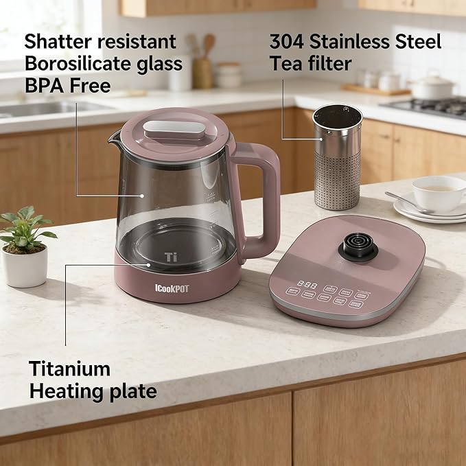 1500W Titanium Hot Tea Maker Glass Electric Kettle with Infuser and Temperature Control, 1.5L Tea Maker Rapid Boiling,Programmable Control for your Favorite Teas and Coffee, Brown