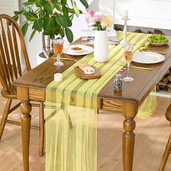 Artoid Mode Pearl Yellow Gauze Table Runner 120 Inch, Seasonal Sheer Dining Holiday Wedding Birthday Baby Shower Table Decor for Home Party
