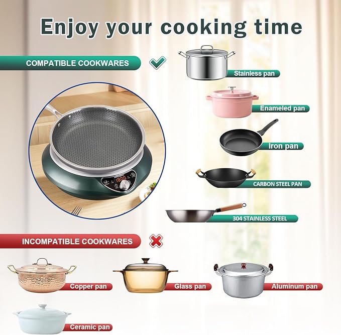 Induction Cooktop with Skillets1800W 120V Burner Cooker Nonstick Flat Pan Electric Stove Hot Plate Heat Evenly Fry Pan for Steak