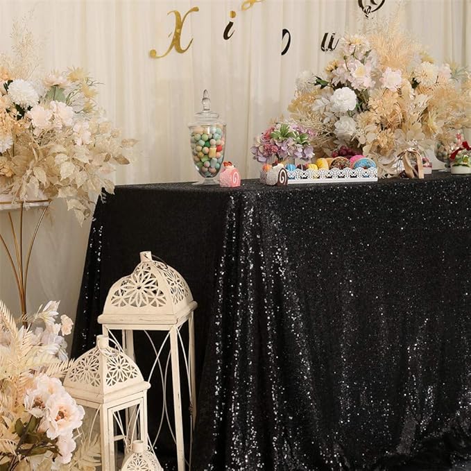 Eternal Beauty Black Tablecloth, 50x80 Inch Sequin Rectangle Table Cover for Cake Dessert Exhibition Party Birthday Events