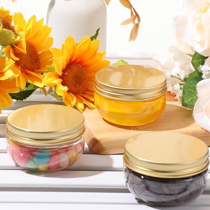 Suclain 50 Pcs 3 oz Canning Jars Mini Mason Jars with Lids Clear Small Canning Containers for Wedding Favors DIY Crafts Shower Favors Herb Jelly,Jams,Spice,for Kitchen Storage(Gold)