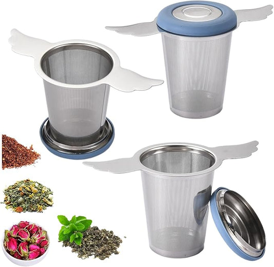 3Pcs Extra Fine Mesh Tea Infuser Steeper Basket with Lid/Drip Tray for Loose Leaf Tea Rooibos, 304 Stainless Steel Tea/Coffee Strainer Filter with Big Capacity＆ Extended Handles, Fit Cup/Teapot/Jar