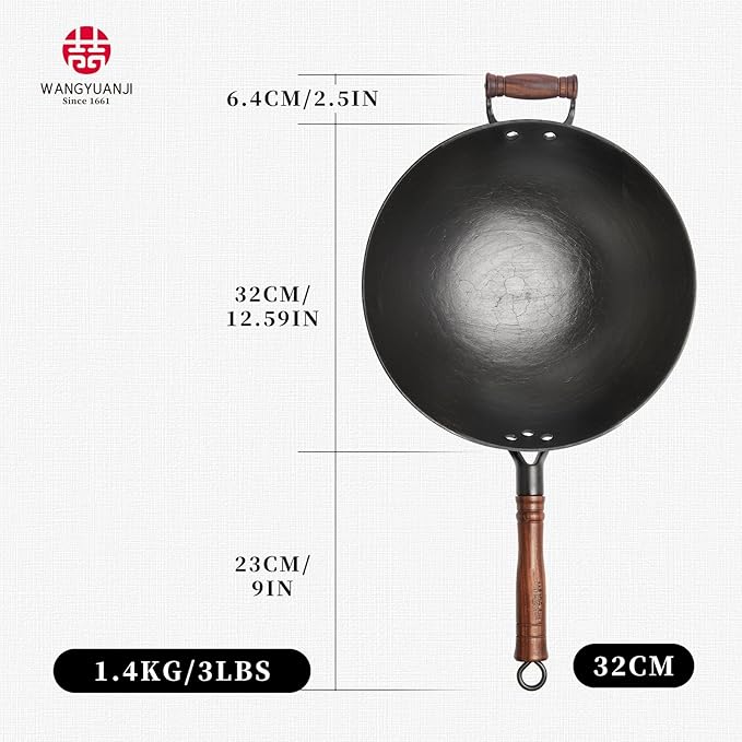 WANGYUANJI 12.6" Cast Iron Wok - Traditional Round Bottom (Requires Wok Ring for Stability) - Uncoated Clay Mold Turtle Texture (Not Cracks) - Authentic Chinese Stir Fry Pan for Gas Stoves