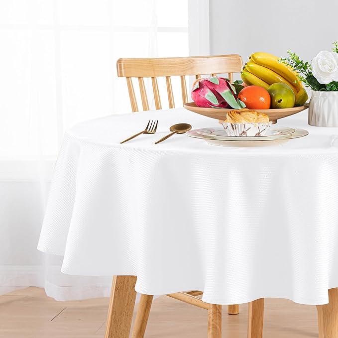 Hiasan Round Textured Tablecloth 50 Inch - Waterproof Spillproof Antiwrinkle Jacquard Table Cloth, Decorative Polyester Table Cover for Kitchen, Outdoor Picnic, Holiday and Parties, White