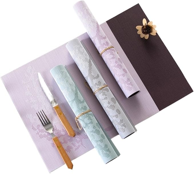 Non-Slip Placemats Heat- Stain for Kitchen Table Washable PVC Table Mat Woven Placemat(Tree Lilac,30X45CM_8 PCS Set)