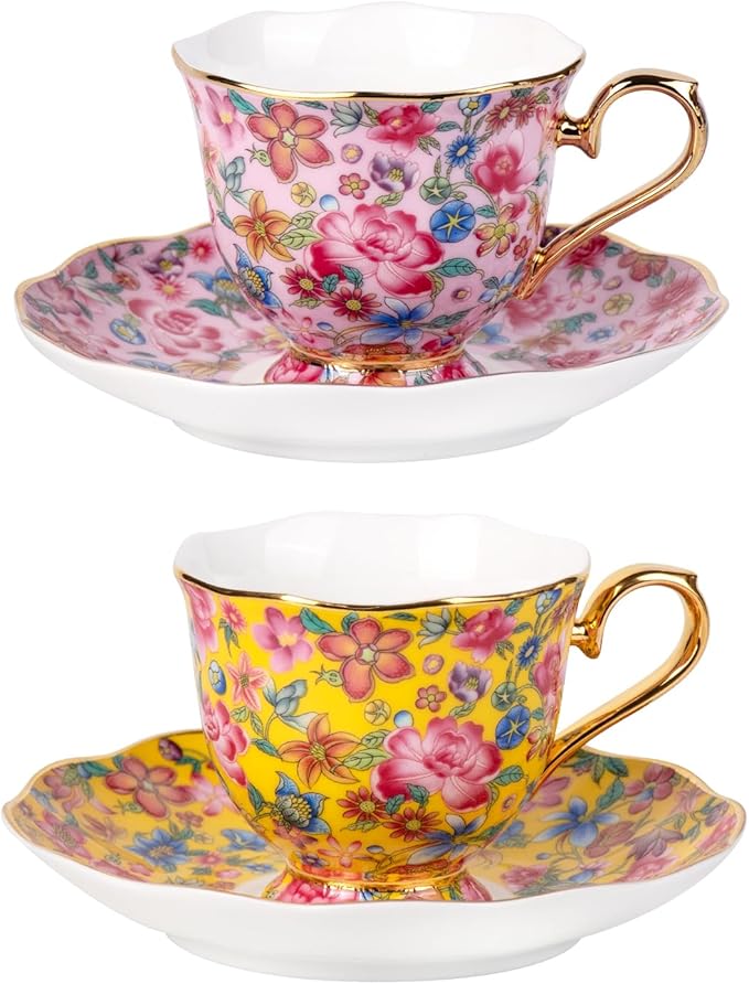 KAMMAK Tea Cups and Saucers Set of 2, Porcelain Coffee Cups with Saucer for Espresso, Cappuccino, 6.3oz Vintage Pink and Yellow Ceramic Novelty Mug for Home, Tea Party, Office