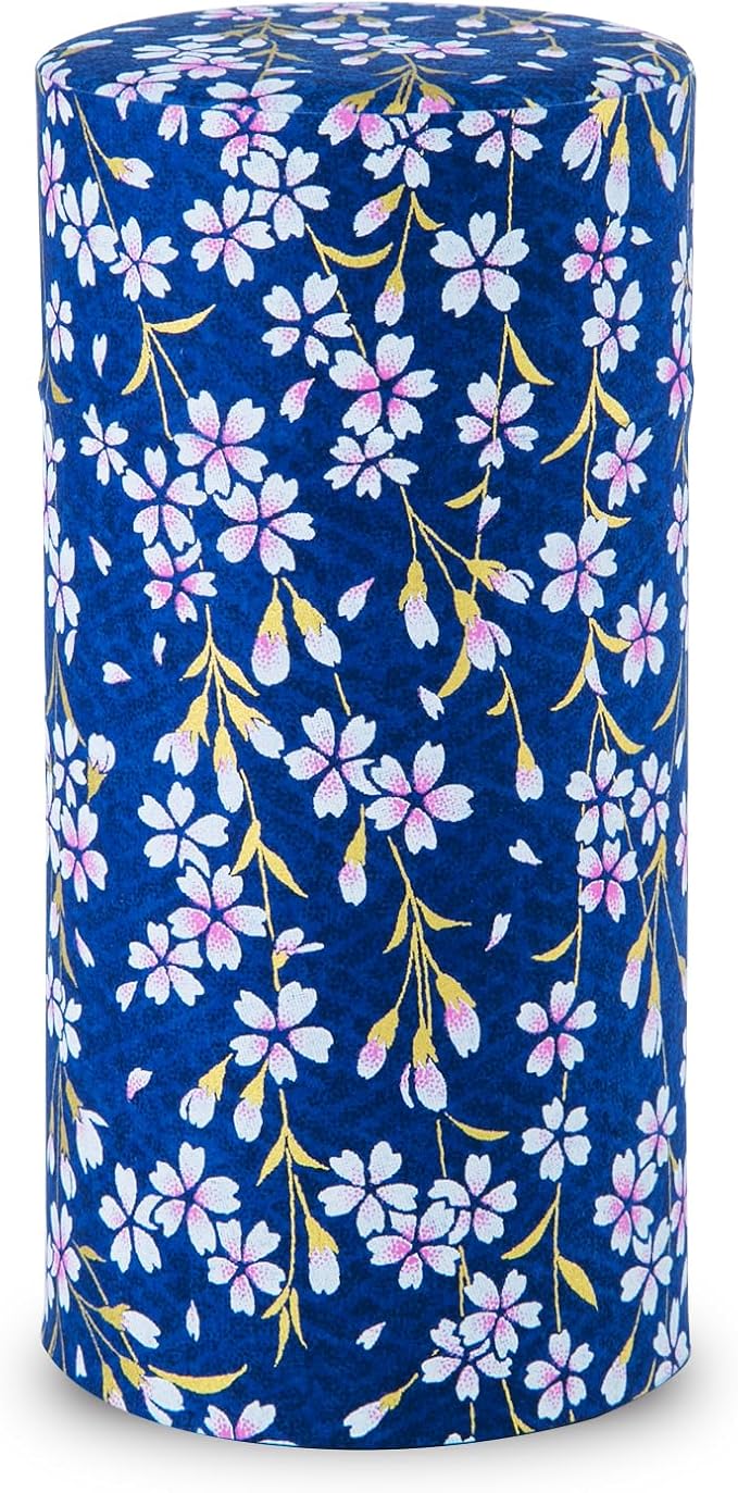 Japanese Tea Canister Tin (Yuzen Washi Paper - Sakura of Kyoto/Navy), 7.06oz Size/Made in JAPAN with Includes Inner Lid of Airtight Damp-Proof/Kitchen Jar for Loose Leaf Coffee Tea Spice and More