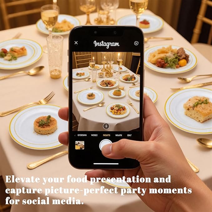 WELLIFE 350-Piece Gold Disposable Plates and Cutlery Set - Premium 10.25" Dinner Plates, 7.5" Dessert Plates, 9oz Cups & Cutlery for Weddings, Catering Events - 50 Guest Service - Elegant & Sturdy
