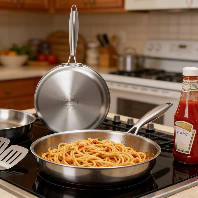Tri-ply Stainless Steel Frying Pan 12 Inch Large Skillet for Chef's Cooking Pan Induction Oven Dishwasher Safe, Compatible with All Cooktops Up to 600℉ with Kitchen Tongs(Detachable Handle)