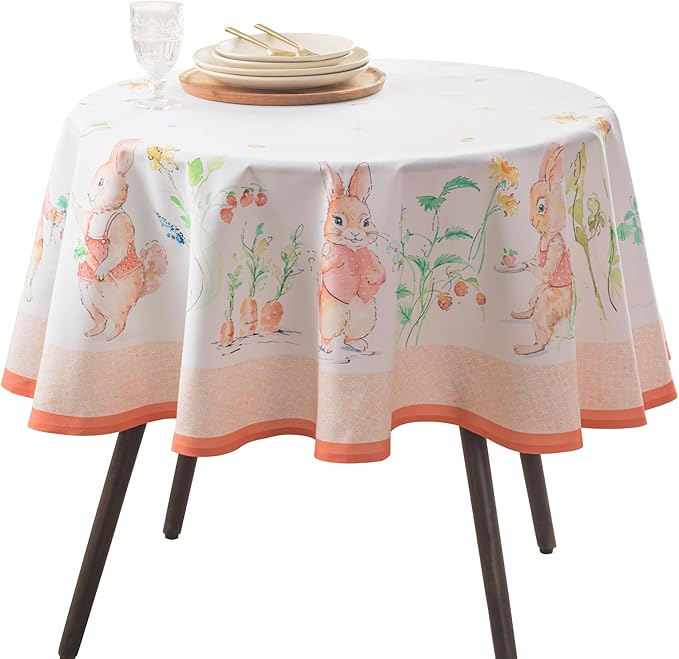 Maison d' Hermine Table Cloth Round Table 100% Cotton 69 Round Inches Tablecloth Reusable Decorative for Dining Room Farmhouse Home Valentines Day Decorations Spring Summer - Bunny Party