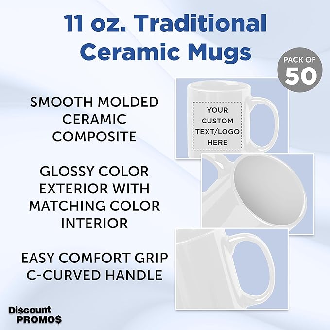 Custom Ceramic Coffee Mugs 11 oz. Set of 50, Personalized Bulk Pack - Coffee cup set, Iced coffee cup, Gaming mug - White