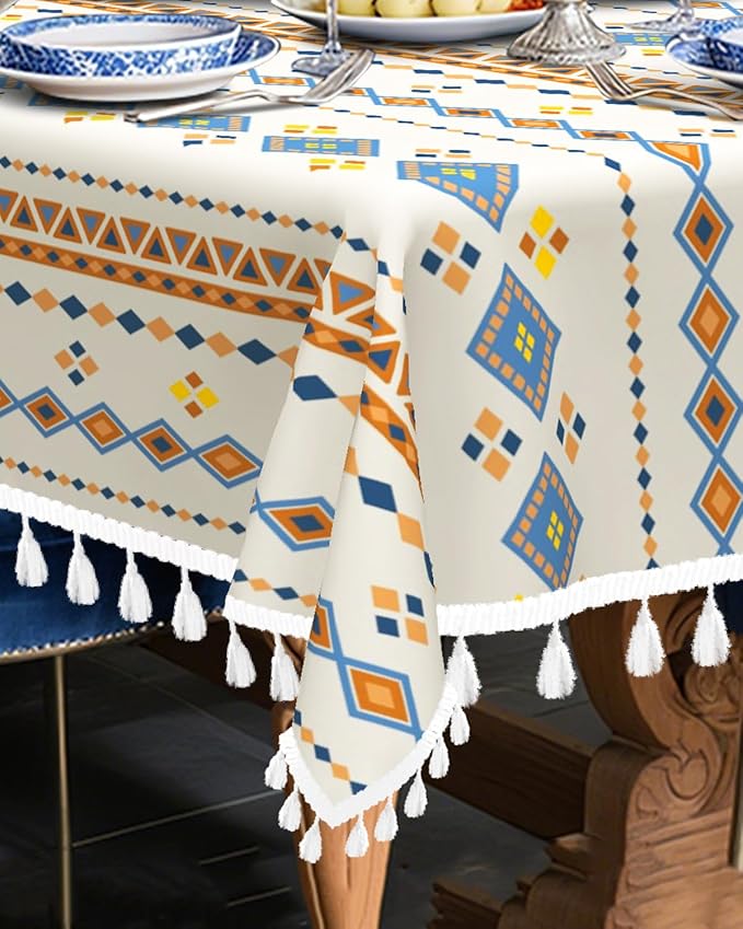 Bohemian Linen Tablecloth Rectangle 55''x 90'', Boho Waterproof Dining Table Cover with Tassels, Farmhouse Table Cloth Wrinkle Free for Kitchen, Party, Picnic, Holiday