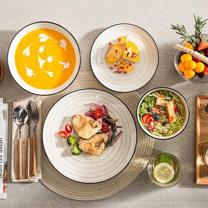 Beige 24/48-Piece Handpainted Spirals Stoneware Dinner Combi-Set with Bowl,Dessert Plate,Soup Plate,Dinner Plate(24pcs)