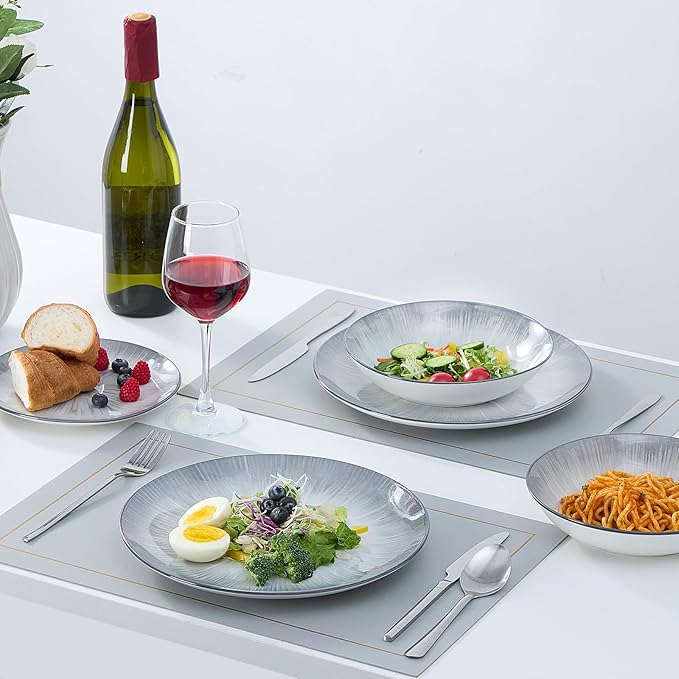 Bestone Porcelain Dinnerware Sets Service for 4, 12 pcs Hand drawn Plates and Bowls Sets, Handmade Ceramic Dish Set, Chip Resistant Modern Plate Set, Dishwasher/Microwave Safe，Gray