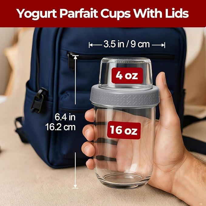 2 Pack Glass Yogurt Parfait Cups with Lids, 16+4oz Reusable Containers with Dry & Wet Separation, Leak-Proof for Overnight Oats, Meal Prep, Portable to Work & School, Easy Clean (Blue+Grey)