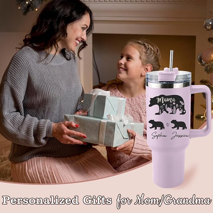 Personalized Mom Tumbler with Kids Names, Custom Christmas Gifts for Mom from Daughter and Son, Stainless Steel 40 Oz Mama Tumbler, Gifts for Grandma