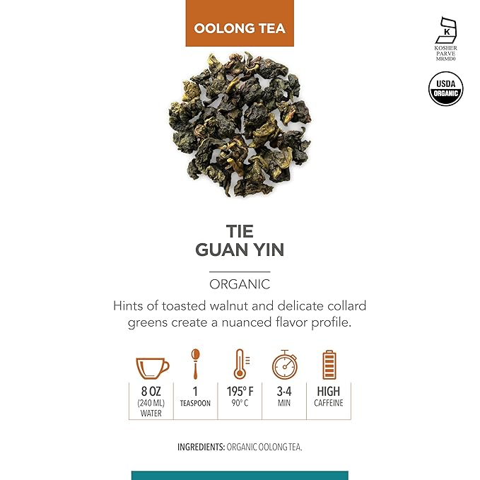 Teabloom Organic Tie Guan Yin Oolong Loose Leaf Tea, Rolled Leaves From High-Elevation Mountains, USDA Organic, Toasted Walnut and Sweet Orchid Notes, 3.88 oz/110 g Canister Makes 35-50 Cups