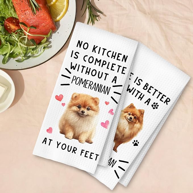Pomeranian Dog Kitchen Towels, Pomeranian Gifts Dish Tea Towels for Kitchen Decor, Dog Lovers Mom Dad Gifts Decorative Hand Towel, 16x24 Inches Set of 2