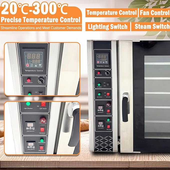 5-Layer Electric Convection Bread Baking Oven Stainless Steel Hot Air Circulation 53Gal Capacity with Steam for Roasting Bread Pizza Nut 220V/3PH