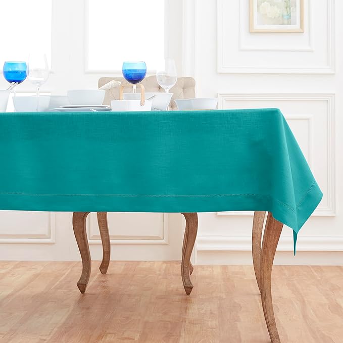 Solino Home Linen Tablecloth 60 x 156 Inch - Classic Hemstitch 100% Pure Linen Teal Table Cloth for Rectangle Tables - Machine Washable Tablecloth