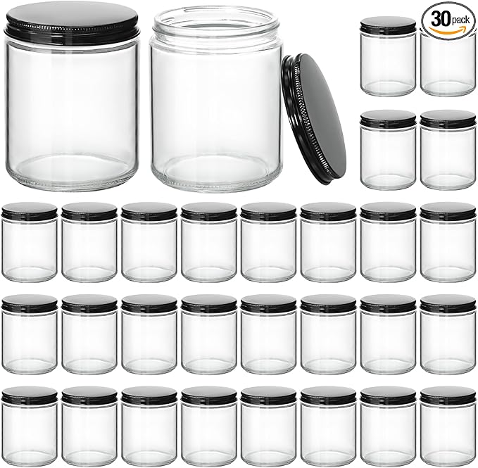 KEYWING 30Pack 8oz Candle Jars with Lids, Clear Glass Jars with Black Metal Lids, Empty Jar for Candle Making, Powders, Cream