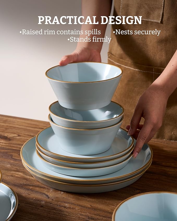 Famiware Saturn Plates and Bowls Dish Sets for 6 (18 Pieces), Stoneware Dinnerware Set with Hand-Painted Trim - Chip & Scratch Resistant, Microwave & Dishwasher Safe Ceramic Dishes, Light Blue