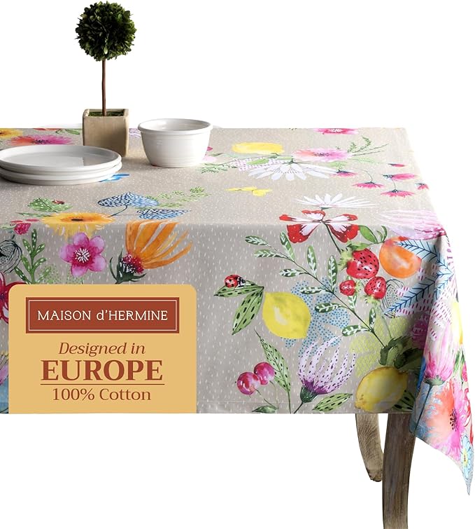 Maison d' Hermine Table Cloth Rectangle Table 100% Cotton 60 x 108 Inches Tablecloth Reusable Decorative for Dining Room Farmhouse Home Valentines Day Decorations Spring Summer - Jardin D'Ete - Fog