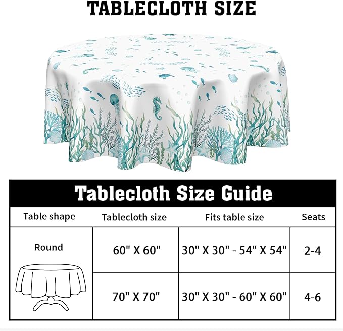Summer Coastal Round Tablecloth 70 Inch Nautical Sea Turtle Seaweed Jellyfish Polyester Table Cloth Rustic Farmhouse Beach Theme Table Cover for Kitchen Dinner Party Decor