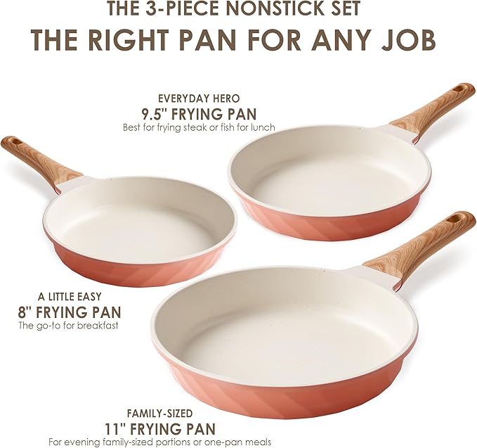 YIIFEEO Frying Pans Non stick - 3 PCS Nonstick Frying Pan Set Omelette Pans for Cooking Set, Granite Skillet Set Kitchen Induction Cookware Chef's Pan Gift, 8", 9.5" &11", Coral Pink