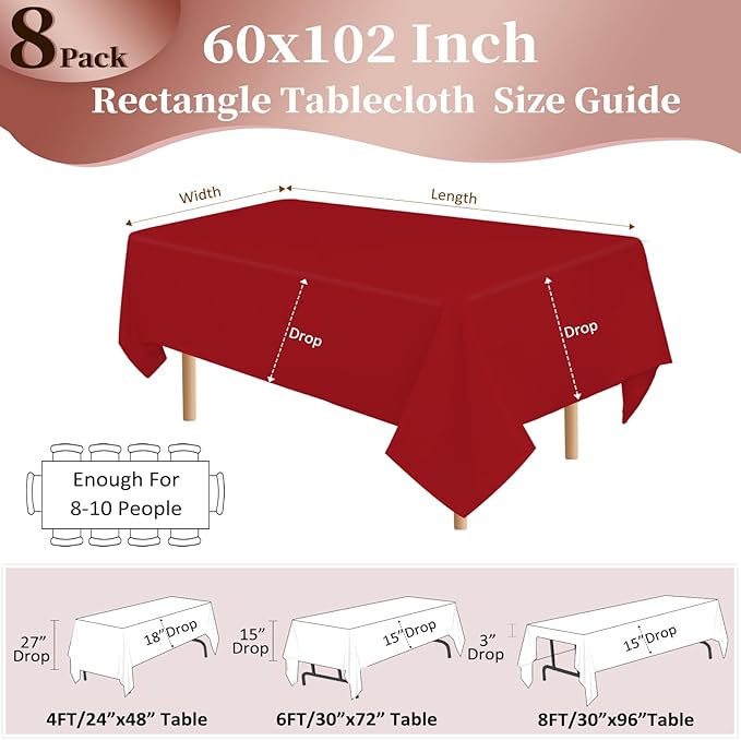 8 Pack Red Tablecloth 60x102 Inch Rectangle Tablecloths for 6 Foot Rectangle Tables, Table Cloth Washable Polyester Fabric Rectangular Table Cover for Dining Banquet Wedding Party
